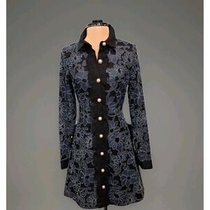 Laundry Burnout Floral Denim & Lace Dress Blue Black Long Sleeve Shirtdress 4